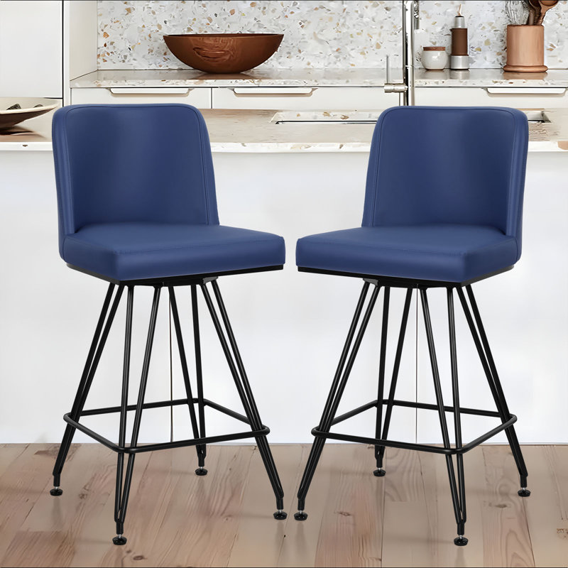 Princeton 26” Modern Swivel Faux Leather Upholatered Counter Stool with Metal Frame, Blue, 2
