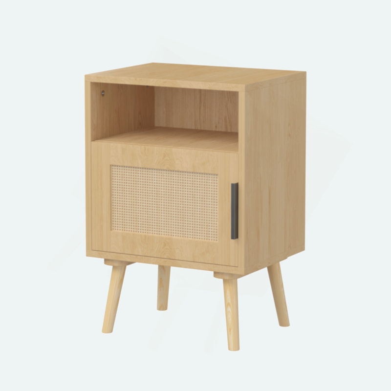 Rattan Nightstand, Side Table With Door Open Shelf,  Accent Bedside End Table With Solid Wood Legs For Bedroom, Dorm And Small Spaces