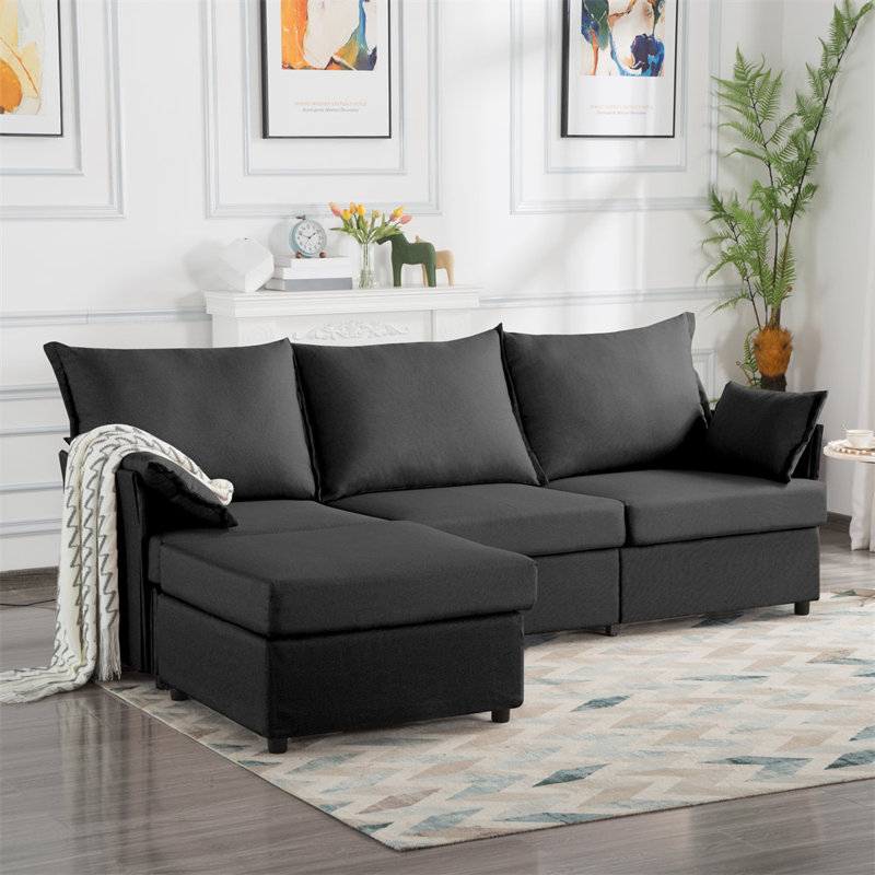 93.7" Sectional Sofa, Black Polyester