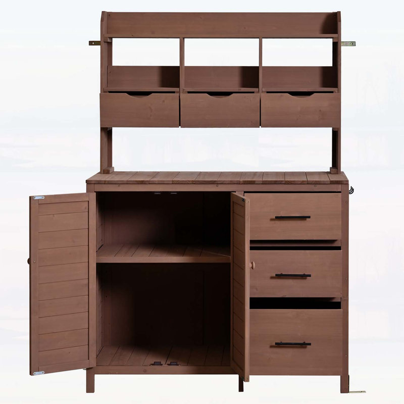 Patio Kitchen Island with 6 Drawers,Bottom Cabinet,and Side Hooks for Outdoor Gardening and Cooking