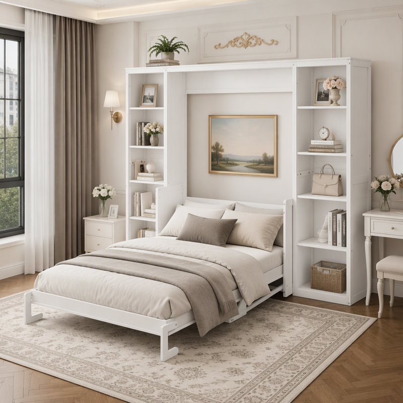 Grand lit escamotable avec bureau et bibliothèque, White