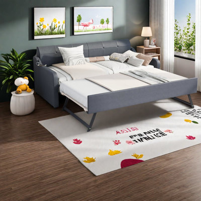 Gray Twin Size Modern Upholstered Daybed With Multifunctional Trundle And Usb Charging