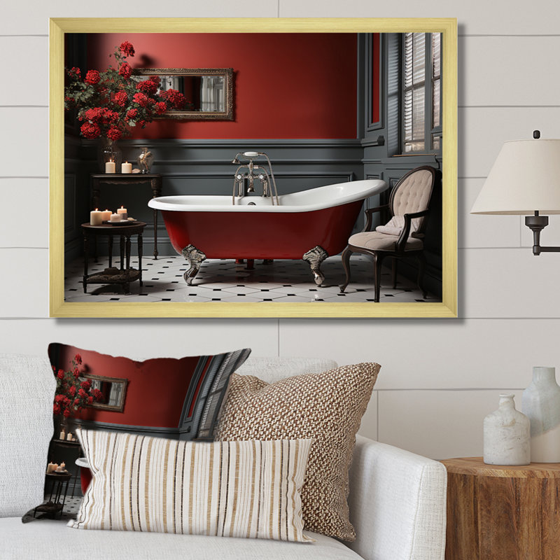 Rouge moderne, charme de salle de bain III - imprimé, H 30 po x l 40 po x P 1,5 po, Cadre doré à une seule photo