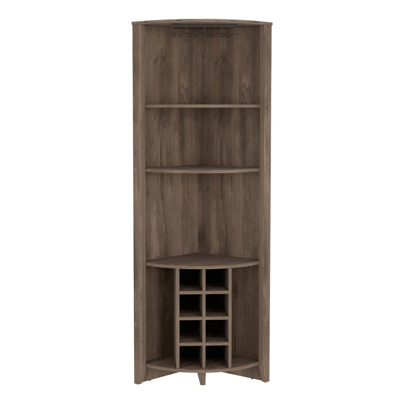 Armoire de coin Essential, trois tablettes, huit porte-bouteilles encastrés, deux tablettes latérales, Marron foncé