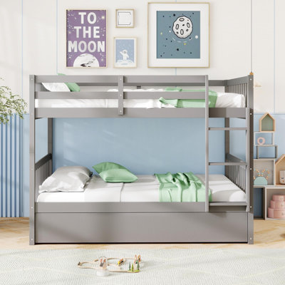 Full Over Full Wood Bunk Bed With Trundle, Ladder, Solid Wood Frame & Safety Guardrails