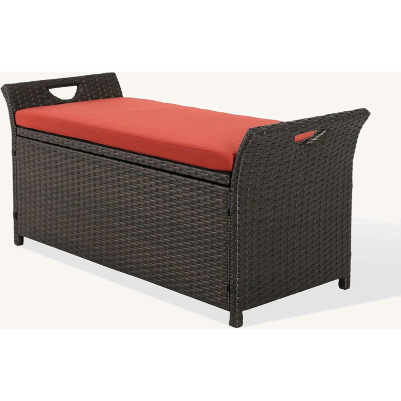 Patio Wicker Storage Bench Outdoor Rattan Deck Storage Box With Red Cushion