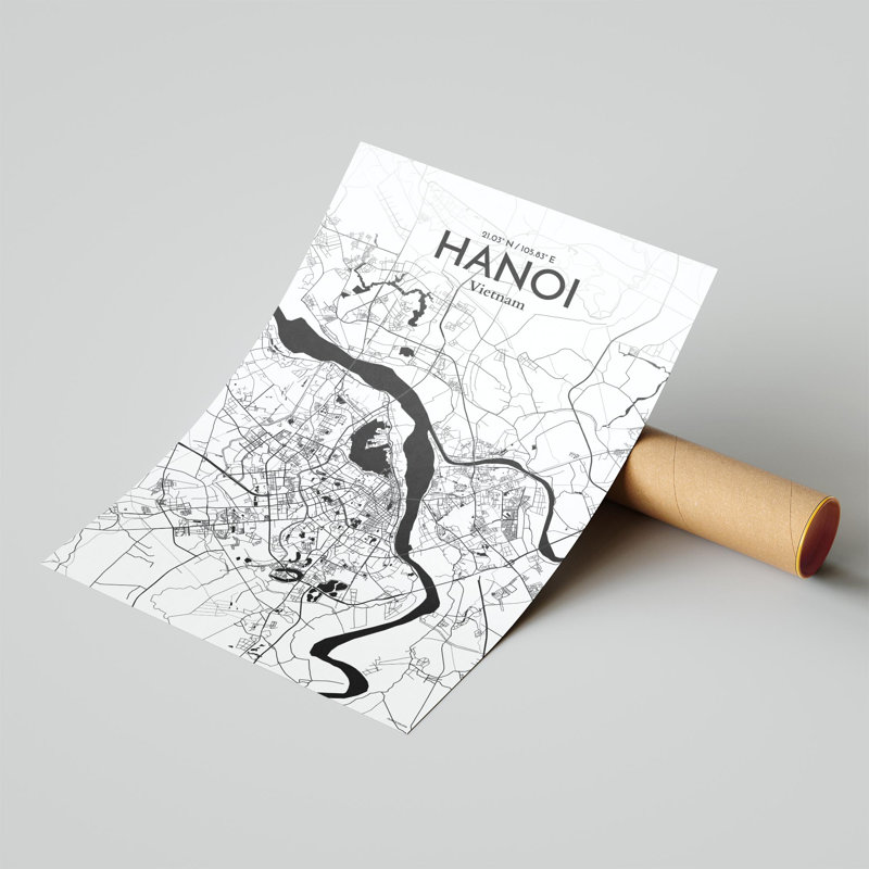 Hanoi, carte de la ville, impression, H 17 po x l 11 po, Noir et blanc