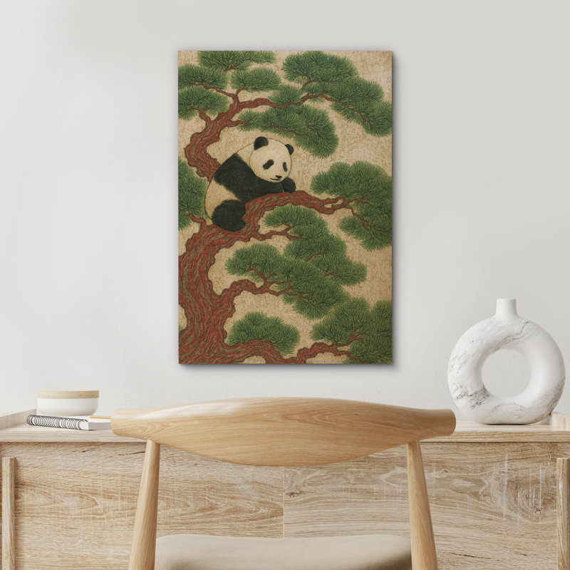 «Panda on Red Pine Tree Art», reproduction d'art sur toile encadrée, H 36 po x l 24 po x P 1,5 po, Toile tendue
