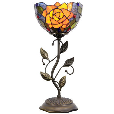 Small Tiffany Lamp Stained Glass Table Lamp Uplight Accent Lamp with Metal Leaf Base Yellow Purple Rose Style Desk Light 8X19 Inch for Home Office Living Room Bedroom
