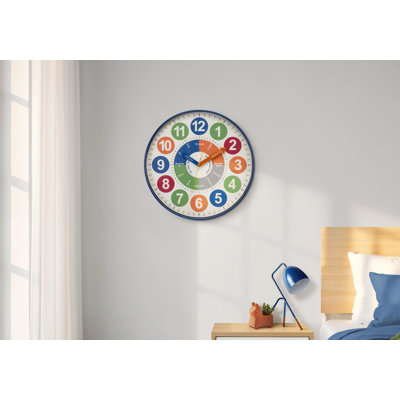 Clocks, 18" Round, Juvenile, Wall Clock, Multi-coloured Face, Blue Frame, Contemporary, Modern