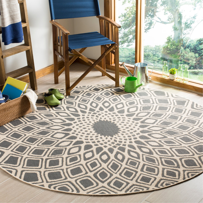Arneshia Geometric Machine Made Power Loom Indoor / Outdoor Area Indoor/Outdoor Area Rug in Anthracite/Beige, Round 6'7"