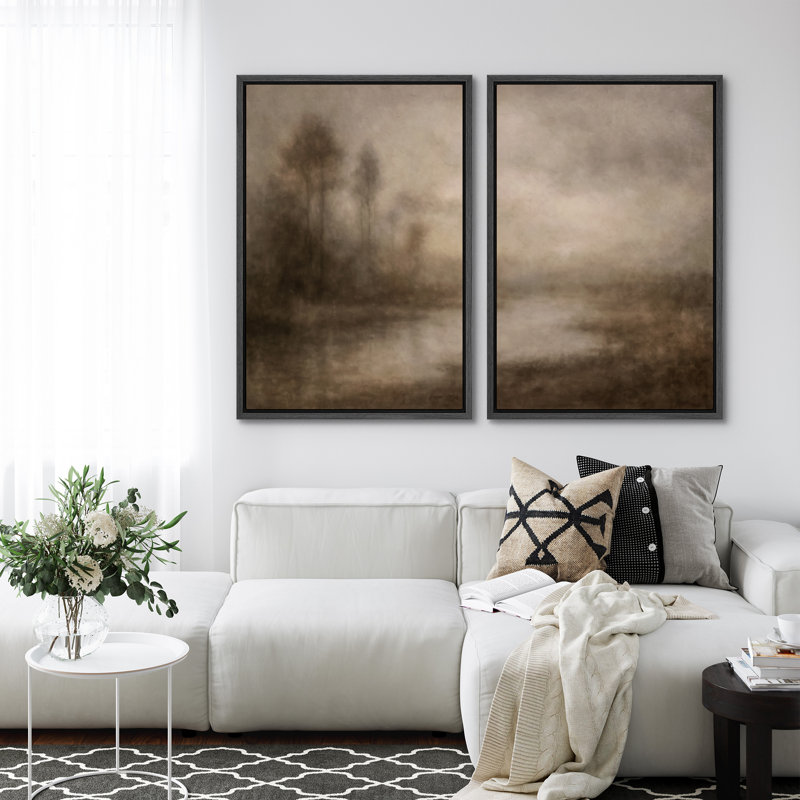 «Warm Misty Riverbank with Trees in Soft Neutral Tones», reproduction d'art sur toile encadrée dans la chambre principale, 2