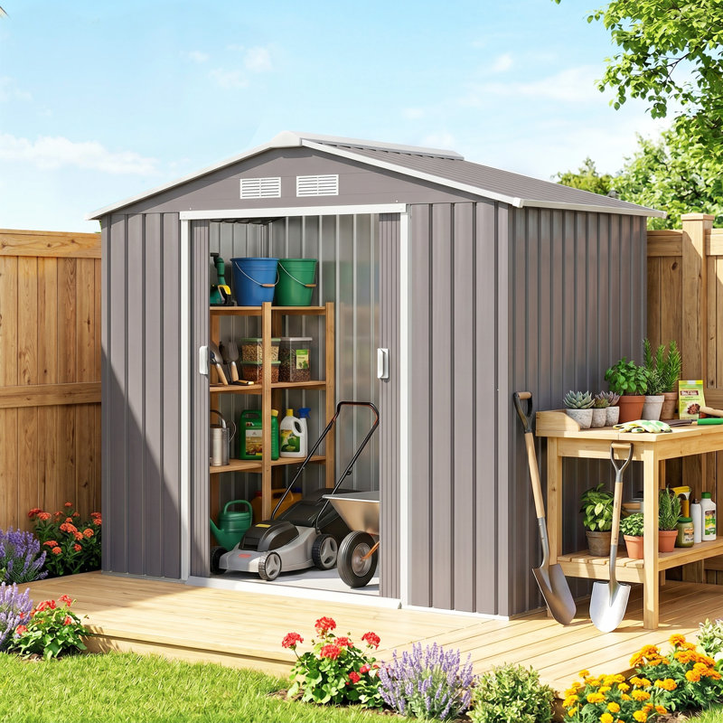 Outsunny 7 x 4ft Metal Garden Shed Waterproof Galvanised Apex Roof Grey