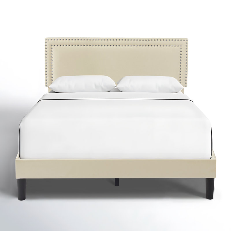 Grand lit plateforme tapissier en velours beige avec tête de lit réglable, cadre de lit moderne avec lattes de bois, aucun sommier requis