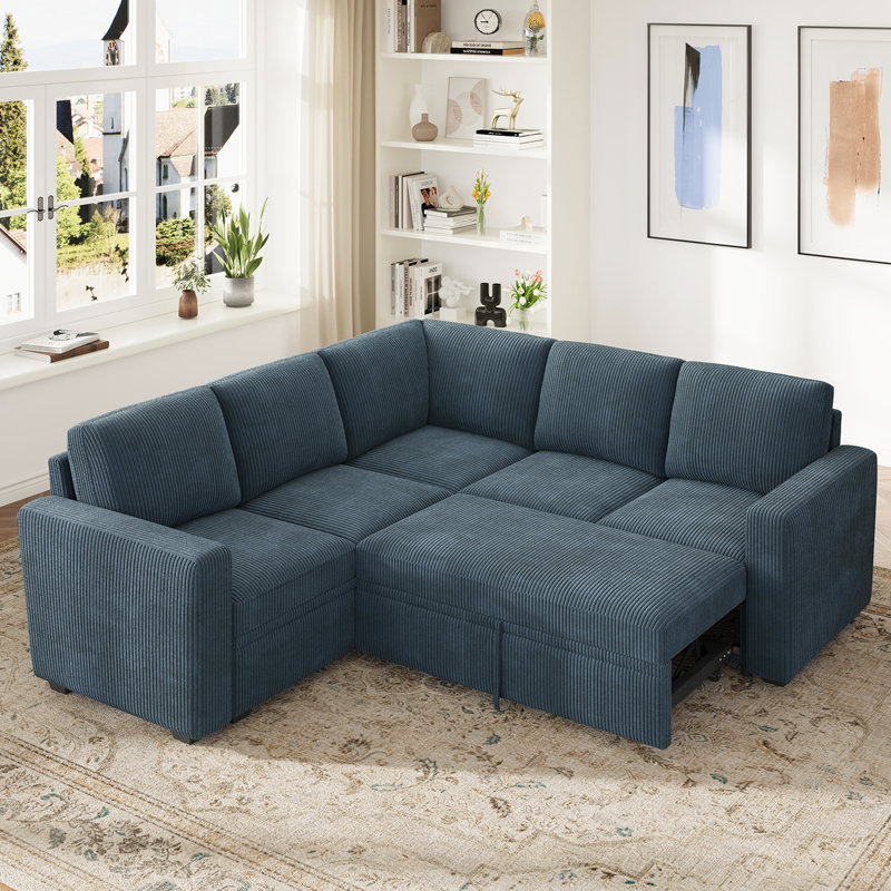 Hoelscher L-shaped Sleeper Sectional Upholstered Sofa Bed With Storage Space Corduroy Blue, Blue Corduroy