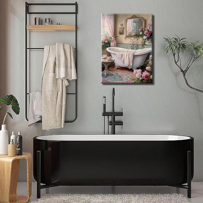 Pink Flowers Theme Bathroom Canvas Wall Art Vintage Bathtub Painting Pictures Wall Decor Floral Botanical Luxury Bathroom Prints Artwork For Toilet Restroom Home Decoration