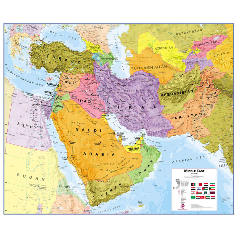 Large Middle East Wall Map Political - No Frame Print, 100cm H x 120cm W x 0.5cm D