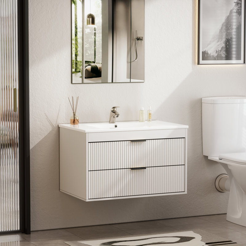 30" Bathroom Vanity With Sink And Drawers, Wall Mounted Floating Cabinet With Storage, 2 Drawers And Ceramic Sink