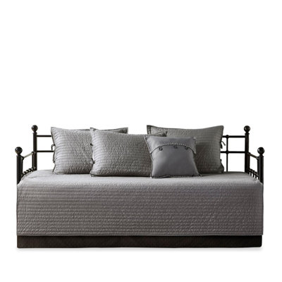 6 Piece Daybed Cover Grey - Reversible Plaid Design For Twin Size Mattress Includes , Shams, And Decorative Throw Pillow Fabric With Cover, 15-inch Drop Herringbone, Spot Clean