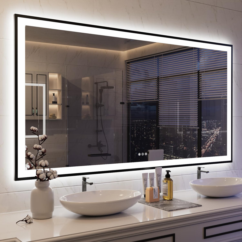 Black Aluminum Framed 72"x40" LED Bathroom Vanity Mirror