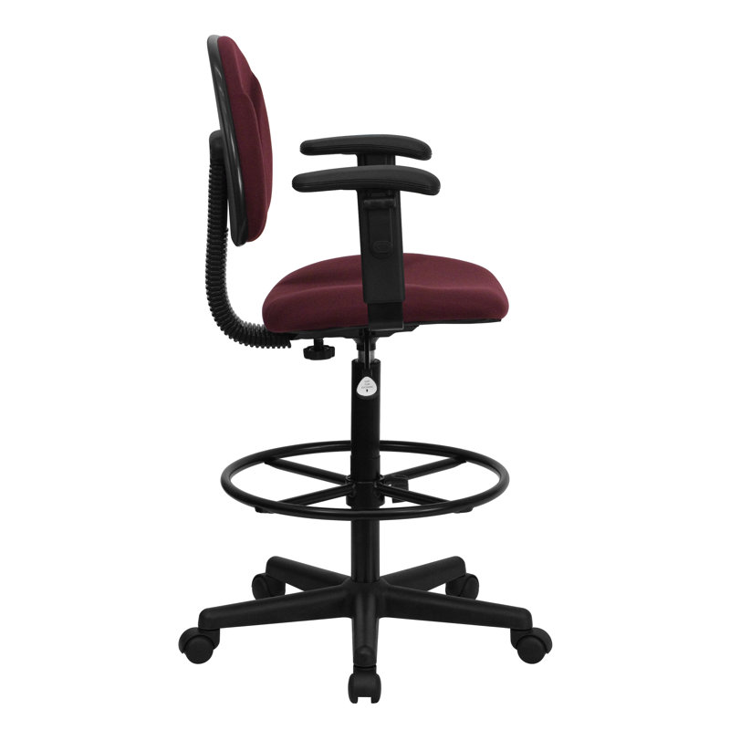 Fabric Drafting Chair with Adjustable Cylinders, Burgundy, Adjustable Arms