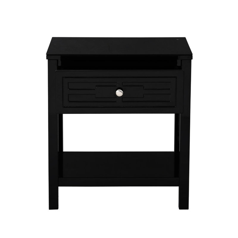 Table d'appoint noire avec plateau en verre et tiroir - plateau de table, pieds en bois franc, tiroir intérieur l 19 po x P 12,75 po x H 3,5 po, espace 13 po, plancher 4 po, table de chevet de 1 po d'épaisseur