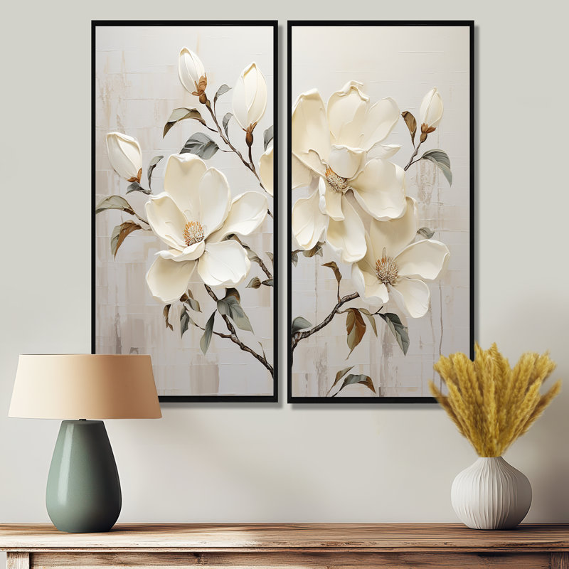 Fleur de magnolia beige et vert - art mural traditionnel, H 32 po x l 32 po, Noir, Reproduction encadrée sans passe-partout
