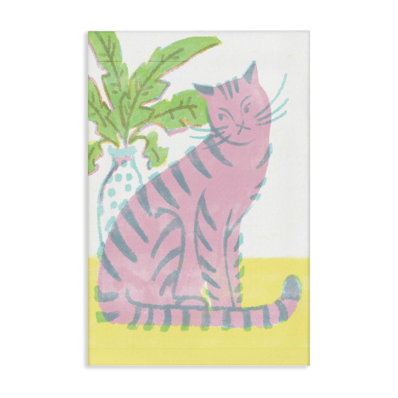 Toile moderne rose avec chat et plante, design par Hannah Moren, H 30 po x l 20 po