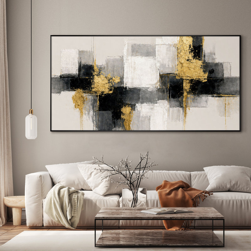 Très grand art mural imprimé sur tissu - Accents dorés abstraits noirs, décoration de salon contemporain - «Assemblage requis du cadre (cadre non fini)»