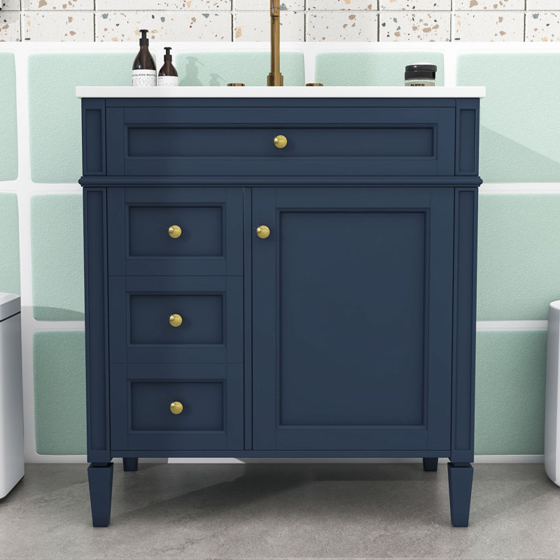Clista Bathroom Vanity with Top Sink and 2 Drawers and a Tip-out Drawer, Blue