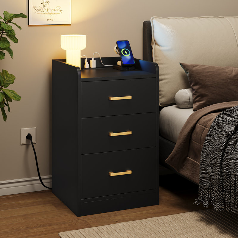 Bettylee 3-Drawer Nightstand with Charging Station, Black, Individual
