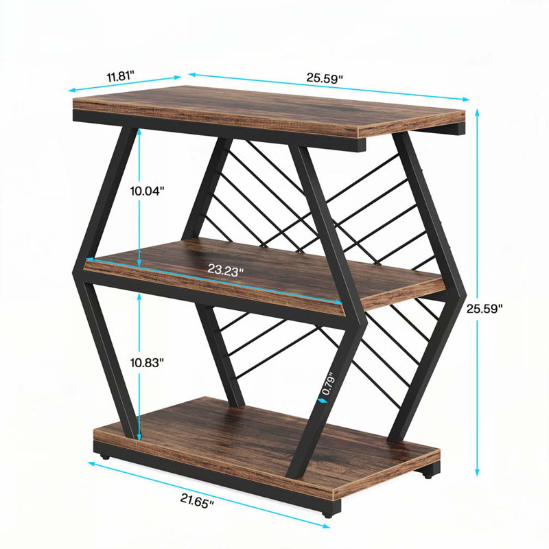 Table de bout industrielle à 3 niveaux avec tablettes de rangement