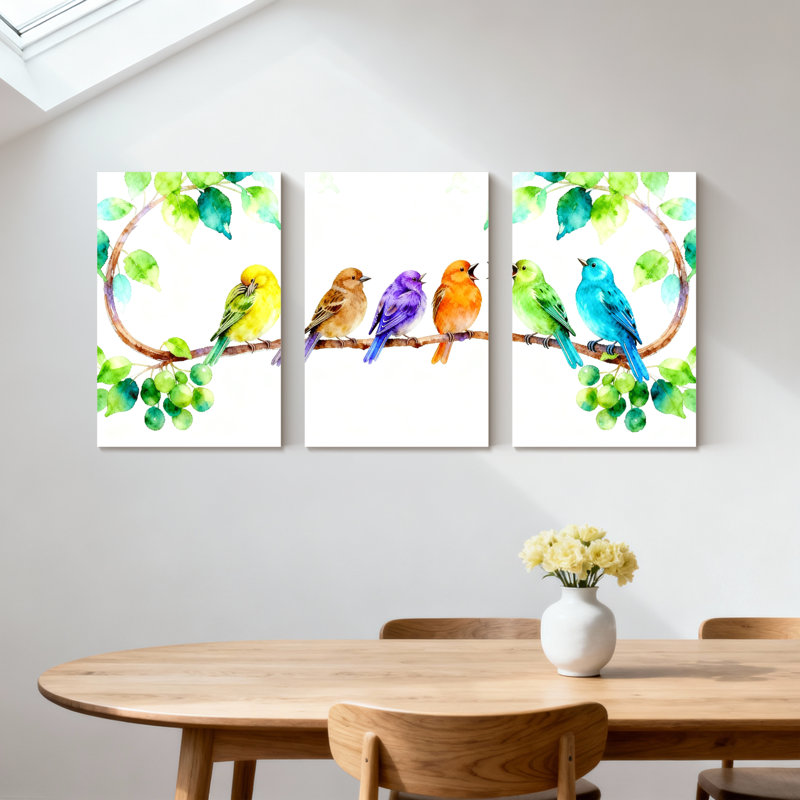 Oiseaux colorés sur une branche avec des feuilles, ensemble de 3 impressions d'art sur toile, H 18 po x l 36 po