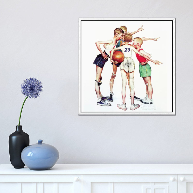 Oh Yeah (Four Sporting Boys: Basketball) by Norman Rockwell - Painting on Canvas, White Framed