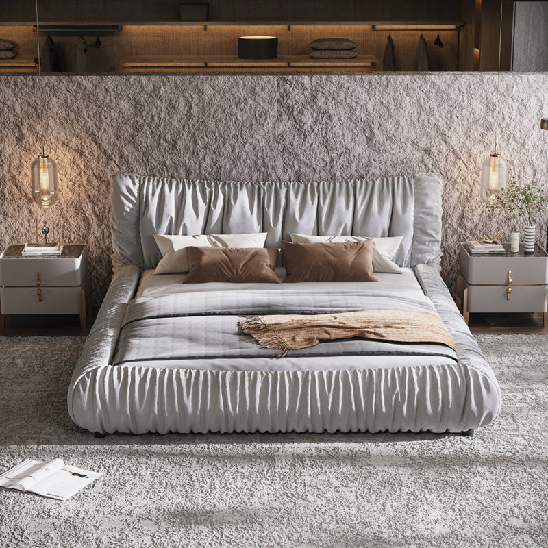 Lit plateforme tapissier avec coussin amovible, Gris clair