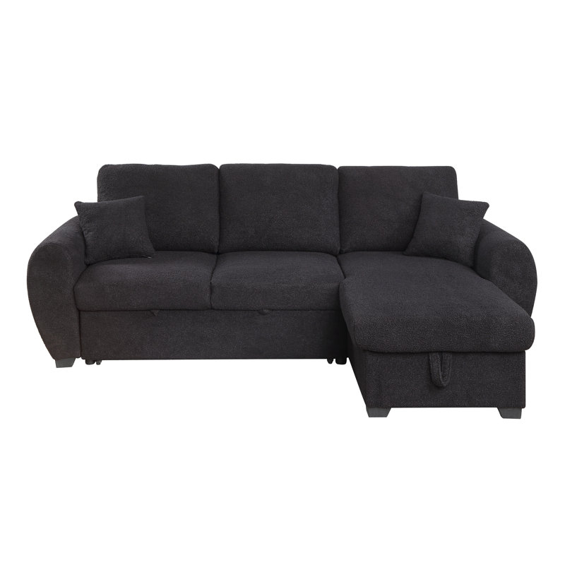 Vera95"W Black Teddy Fleece Reversible Sleeper Sectional Sofa With Storage Chaise