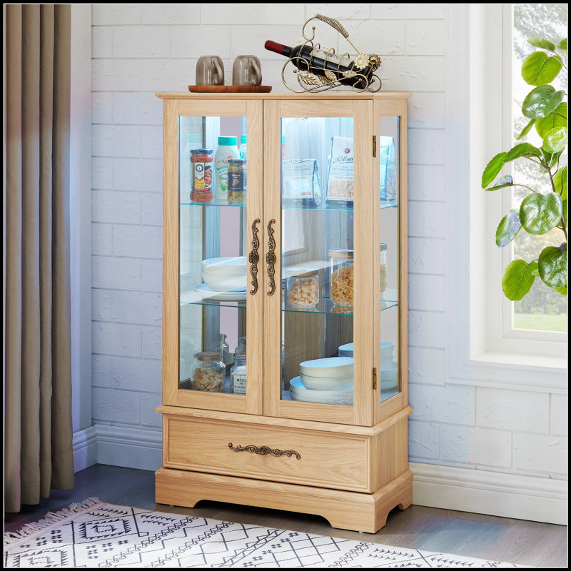 Vitrine traditionnelle en chêne clair avec lumières DEL, tablettes réglables, 2 portes, 1 tiroir | Panneau de fibres à densité moyenne + verre | Salon