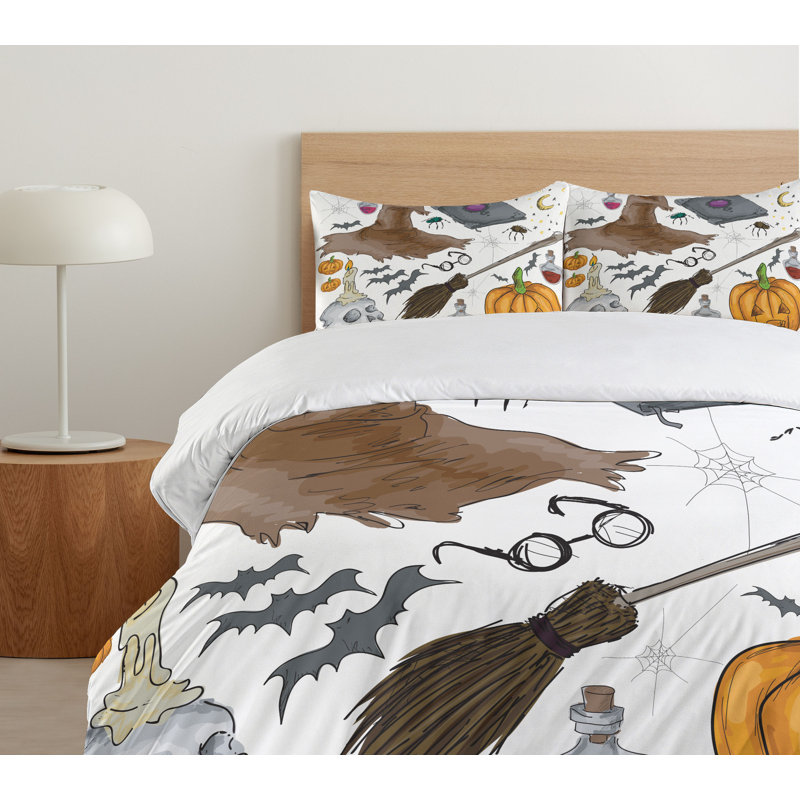 Twin Halloween Magic Spells Doodle Design Duvet Cover Set