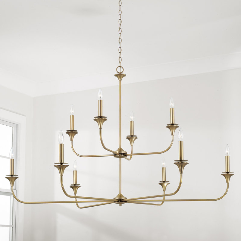 56" W x 35" H 10-Light Two-Tier Chandelier in Aged Brass with Flared Candlesticks