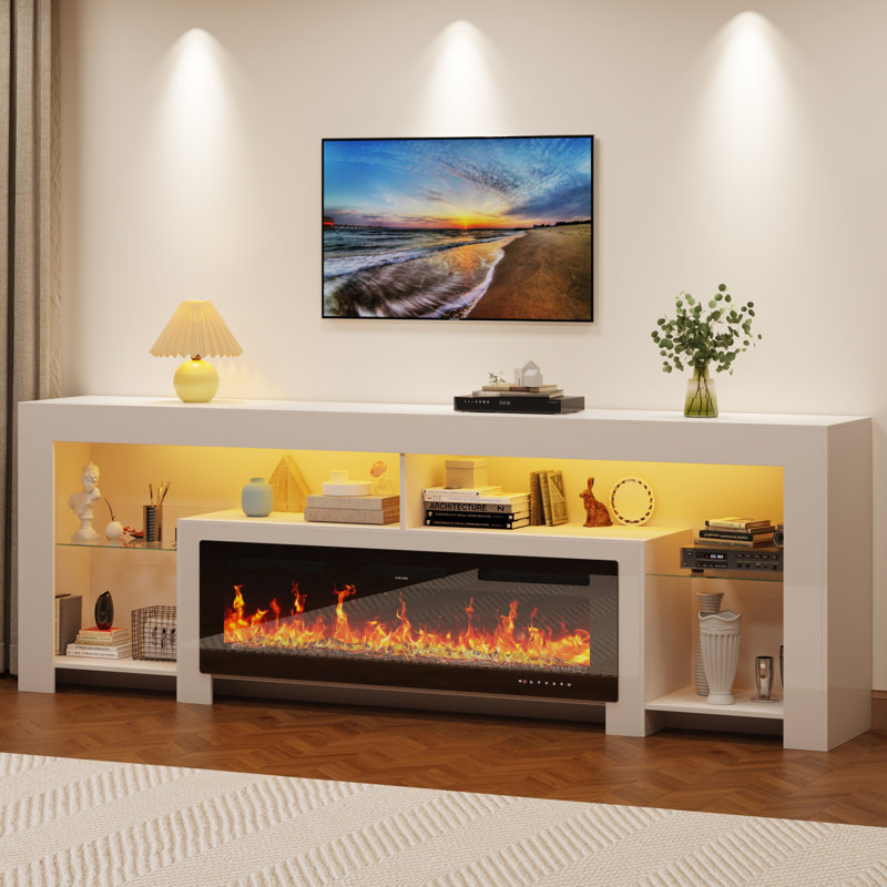 Meuble télé 83 po pour téléviseur 85/90 po avec foyer 50 po et lumières DEL Aitan, 38"H x 83"L x 16"D, Blanc, Avec foyer