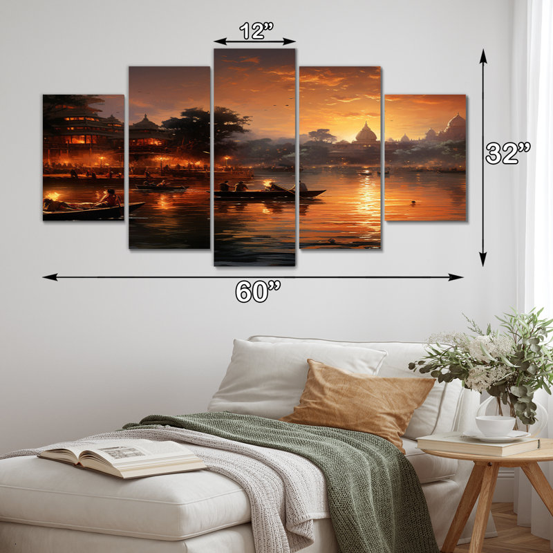 «Hinduisim Sunset Aarti IV» sur toile, reproduction de 5 pièces