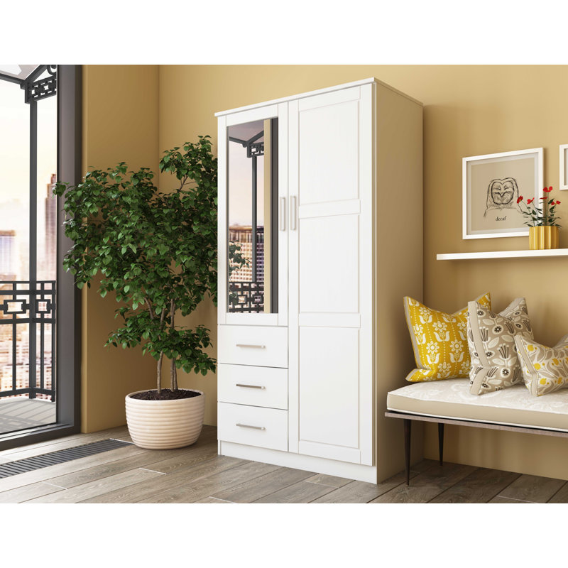 Metro 100% Solid Wood 2-Door Wardrobe Closet with Mirrored Door, Drawers & Adjustable Shelves – Freestanding Bedroom Storage Cabinet