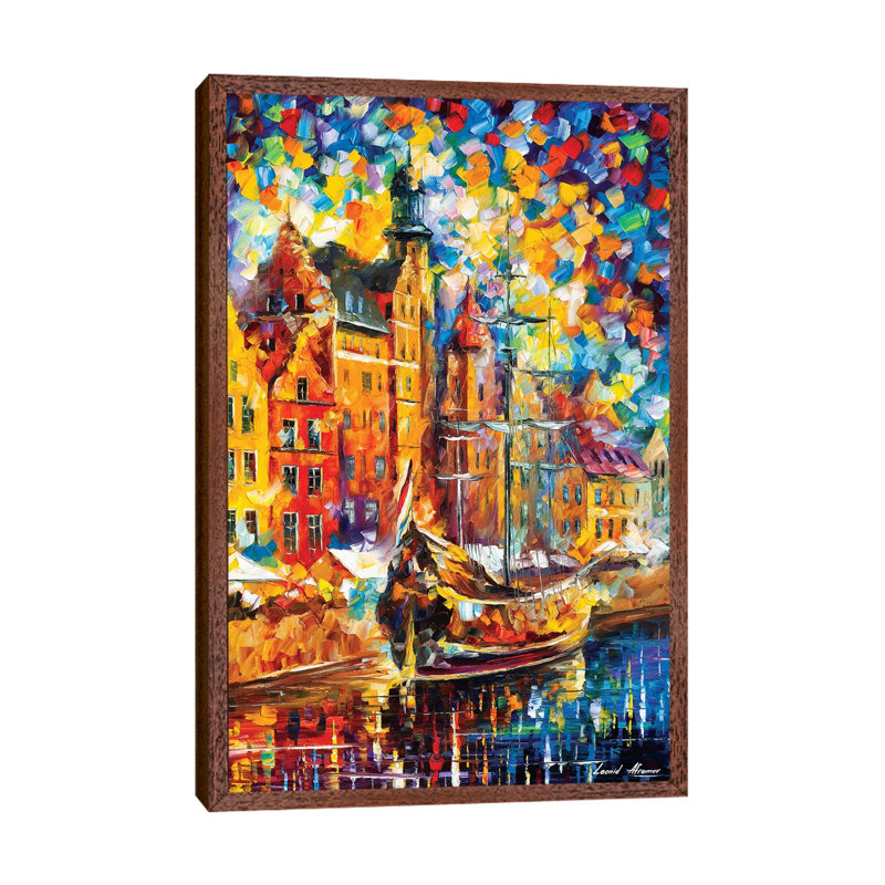 Old Dock by Leonid Afremov - Painting on Canvas, 101.6 cm H x 66.04 cm W, Classic Brown Wood Framed Canvas