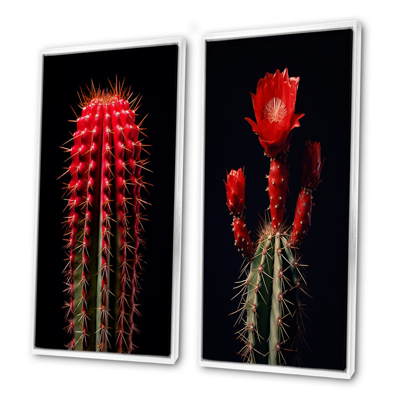 Cactus rouge et noir marron monolithe - ensemble de 2 reproductions d'art mural cactus, Cadre flottant blanc