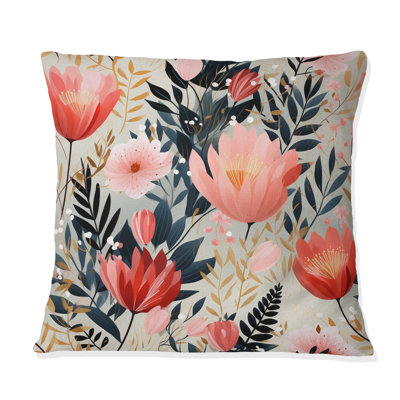 Love In The Wild Coral And Beige Lfower - Floral Printed Throw Pillow
