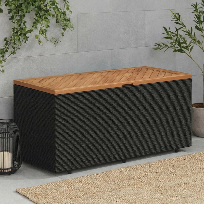 Boîte de rangement de jardin d'extérieur Gia, couvercle en bois, 43 po, Noir/naturel