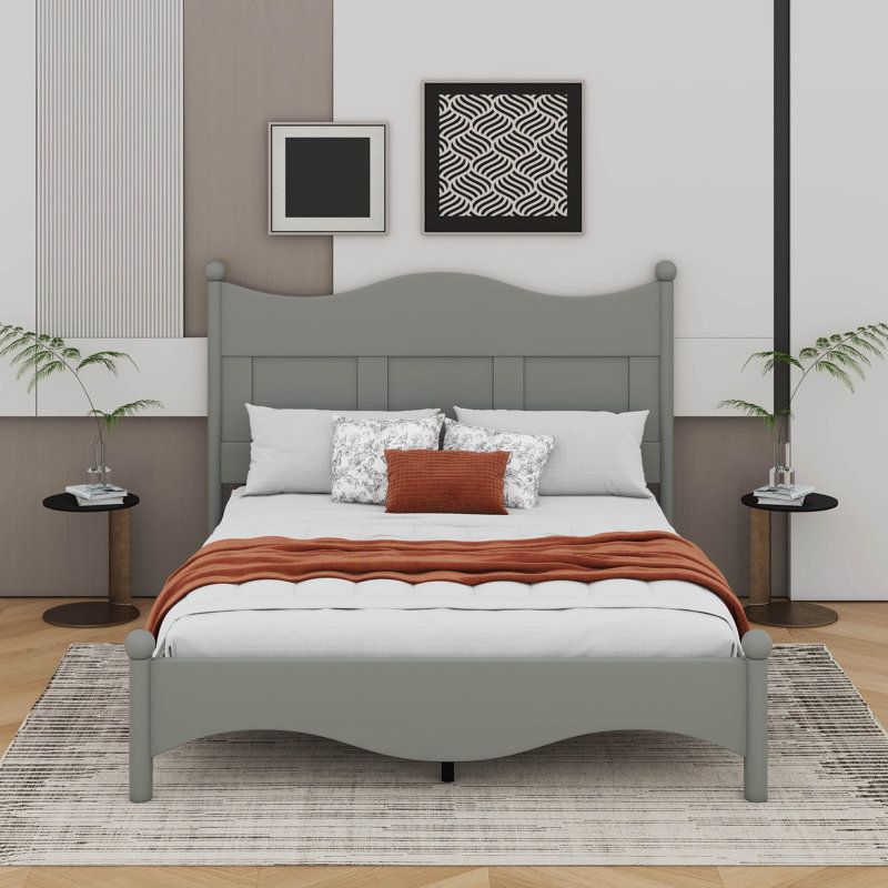 Grand lit plateforme en bois au design élégant avec support en lattes de bois, Gris