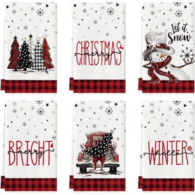 Buffalo Plaid Xmas Trees Snowman Truck Merry Christmas Kitchen Towels Dish Towels, Farmhouse Decoration Hand Towels Set Of 6