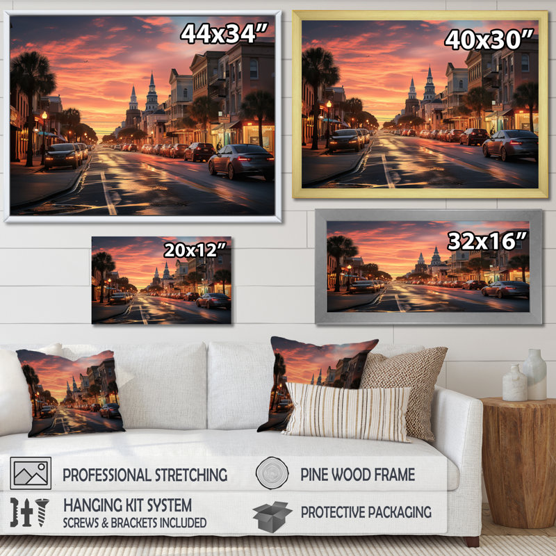Charleston Beautiful Cityscape IV, reproduction d'art sur toile, Cadre flottant noir, H 12 po x l 20 po x P 1 po