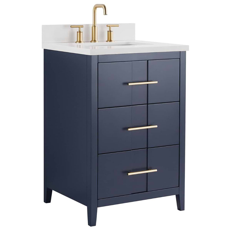 Ensemble de meuble-lavabo simple autoportant 24 po avec plateau en quartz blanc pur et bassin en céramique Marilena, 24" W